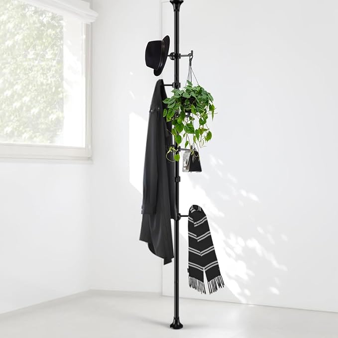 Coat Rack Freestanding, 56 to 125 inch Adjustable Tension Rod Hanger with 12 Hooks for Hanging Coat, plant,Jacket, Hat, Scarf, Suitable for Living Room, Balcony, Kitchen Black