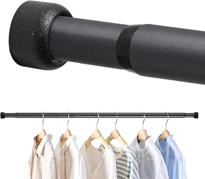 Closet Rod for Hanging Clothes, 30-92 Inch Adjustable Shower Curtain Rod Heavy Duty Wall Mount Clothes Hanging Bar for Closet, Wardrobes, Bathroom, RV, Window, Laundry, Room Divider, Black