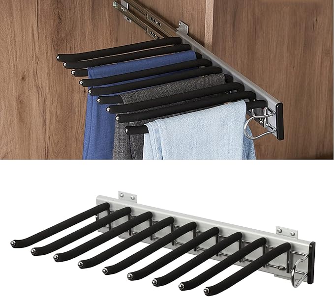 Pull Out Trousers Rack 9 Arms Retractable Closet Pants Hanger Side Mounted Space Saving Trouser Hanger Rack, Right Side Installation, Black