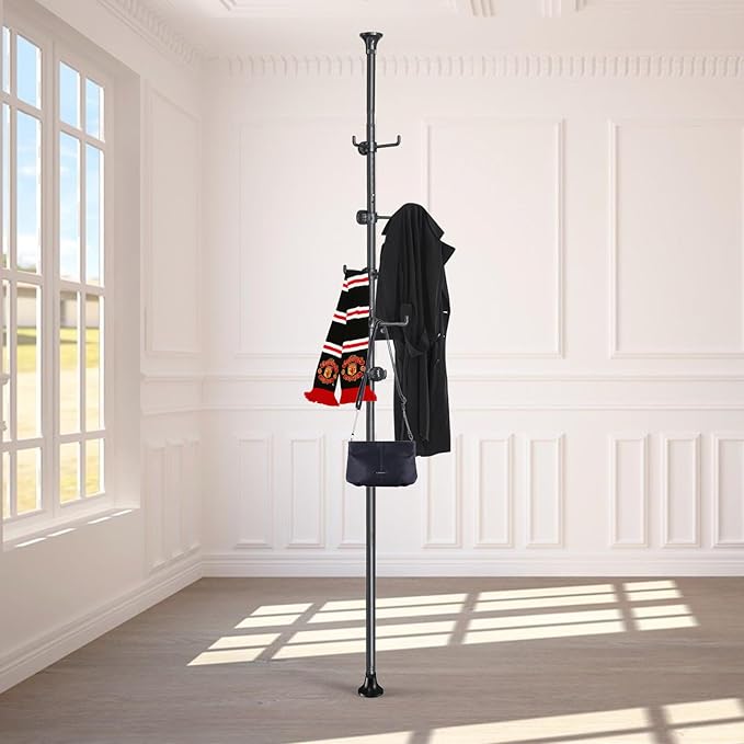 Coat Rack Freestanding,Adjustable 56-125 inch Tension Rod Coat Tree 12 Hooks Hanger Stand for Coat Hat Bedroom Livingroom Kitchen Bathroom Apartment Entryway Hall Office Black