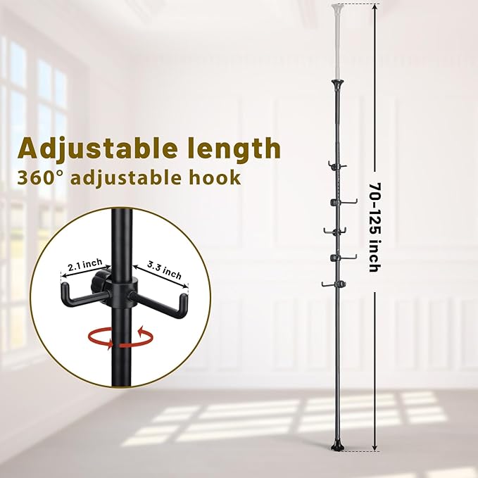 Coat Rack Freestanding,Adjustable 56-125 inch Tension Rod Coat Tree 12 Hooks Hanger Stand for Coat Hat Bedroom Livingroom Kitchen Bathroom Apartment Entryway Hall Office Black