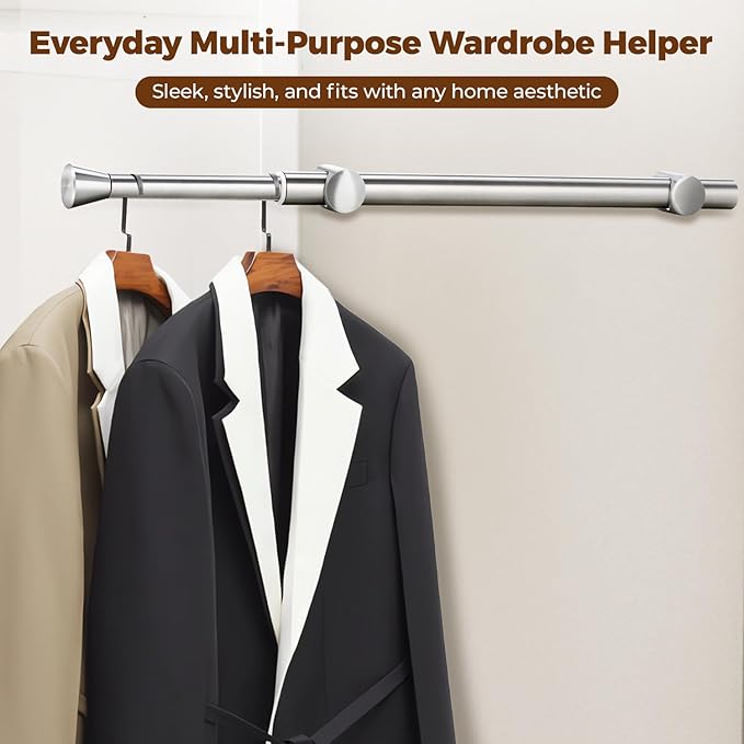 12" Pull-Out Valet Rod for Closet Organization, Add Extra Hanging Space 304 Stainless Steel Closet Rods, Space-Saving Design for Small Closets,Silver