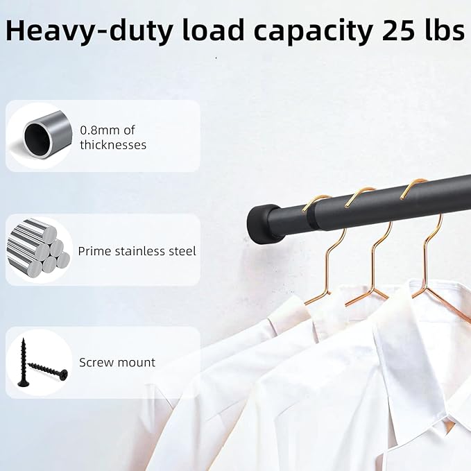 Closet Rod for Hanging Clothes, 30-92 Inch Adjustable Shower Curtain Rod Heavy Duty Wall Mount Clothes Hanging Bar for Closet, Wardrobes, Bathroom, RV, Window, Laundry, Room Divider, Black