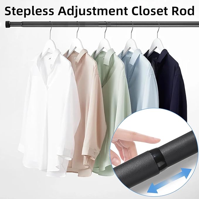 Closet Rod for Hanging Clothes, 30-92 Inch Adjustable Shower Curtain Rod Heavy Duty Wall Mount Clothes Hanging Bar for Closet, Wardrobes, Bathroom, RV, Window, Laundry, Room Divider, Black