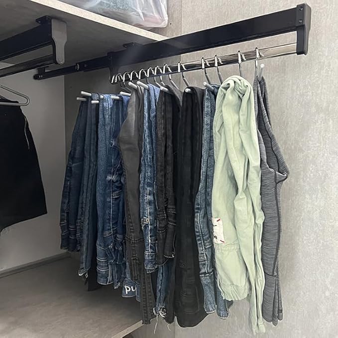 Extendable Pull-Out Closet Valet Rod, Pull Out Clothes Hanger Rail for Closet, Adjustable Pants Hanger Heavy Duty Steel Clothes Storage Hanger Rack Bar for Pants Coats (292mm/11.5inch) Black