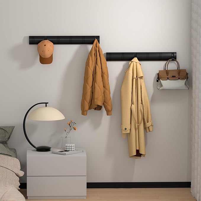 Metal Coat Rack Wall Mount, Black Coat Rail with 6 Retractable Hooks Heavy Duty, Modern Entryway Coat Hook Hanger, Folding Wall Hook Rack for Bathroom, Living Room, Bedroom