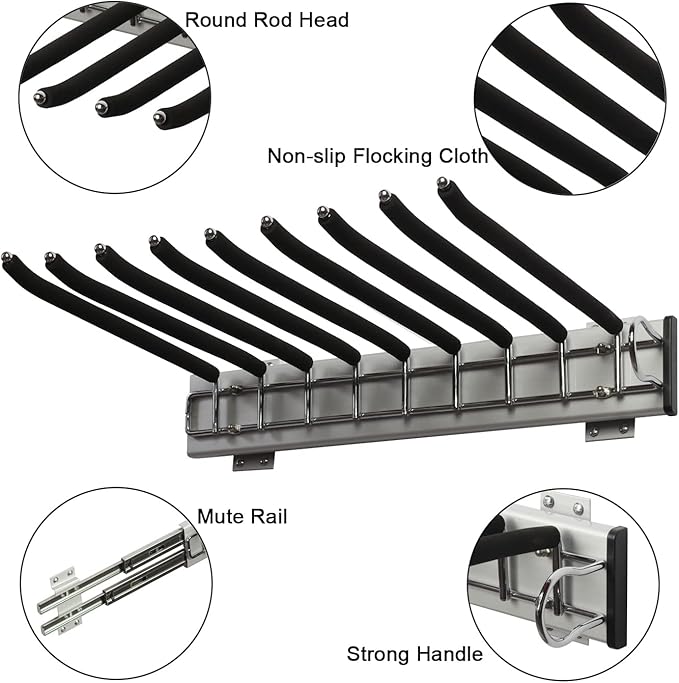 Pull Out Trousers Rack 9 Arms Retractable Closet Pants Hanger Side Mounted Space Saving Trouser Hanger Rack, Right Side Installation, Black