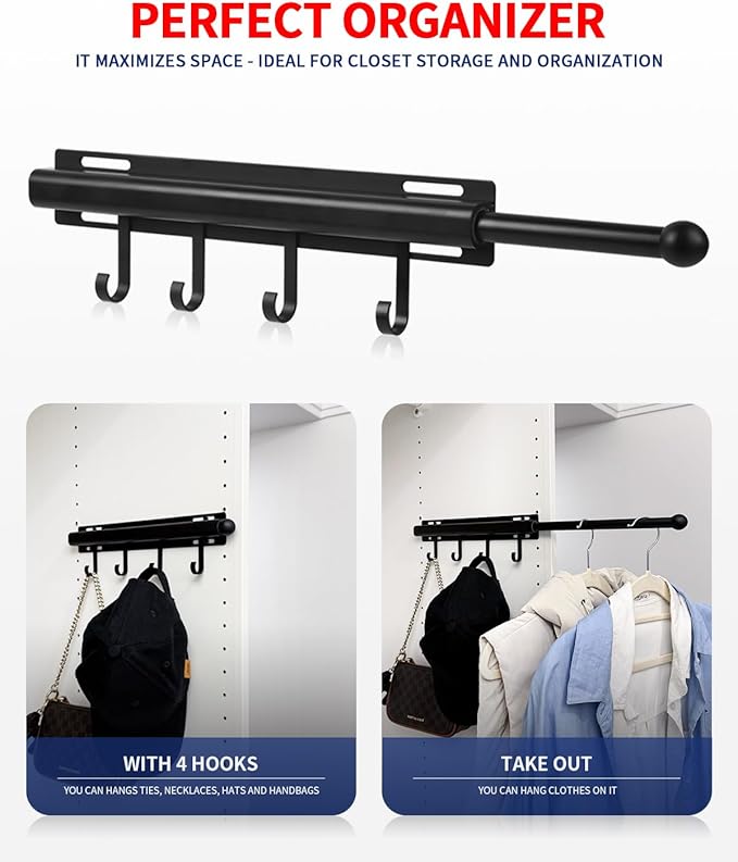 12 inch Valet Rod for Closets Pull Out Closet Valet Rod Slide Out Black Pull Out Clothes Hanger With 4 Hooks Closet Organization and Storage