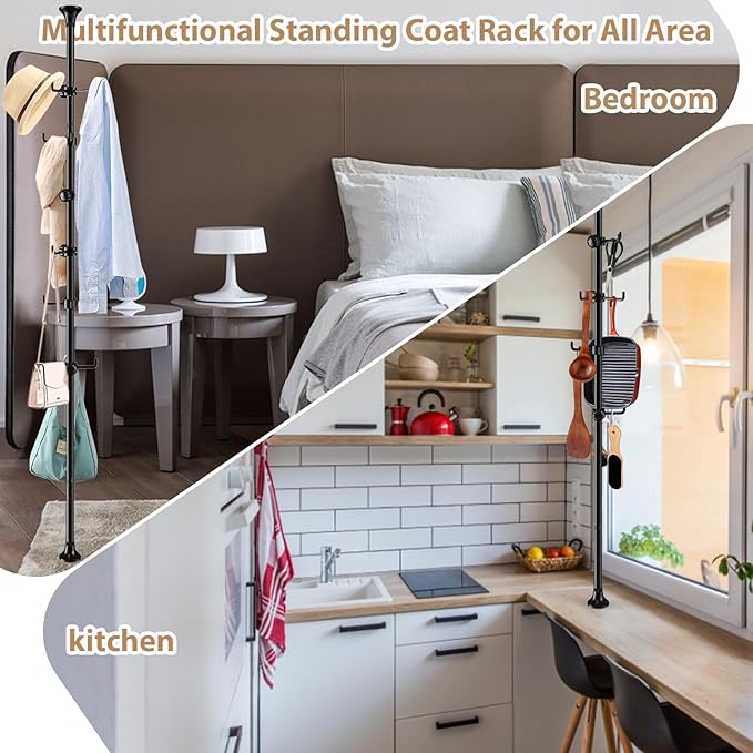 Coat Rack Freestanding, 56 to 125 inch Adjustable Tension Rod Hanger with 12 Hooks for Hanging Coat, plant,Jacket, Hat, Scarf, Suitable for Living Room, Balcony, Kitchen Black