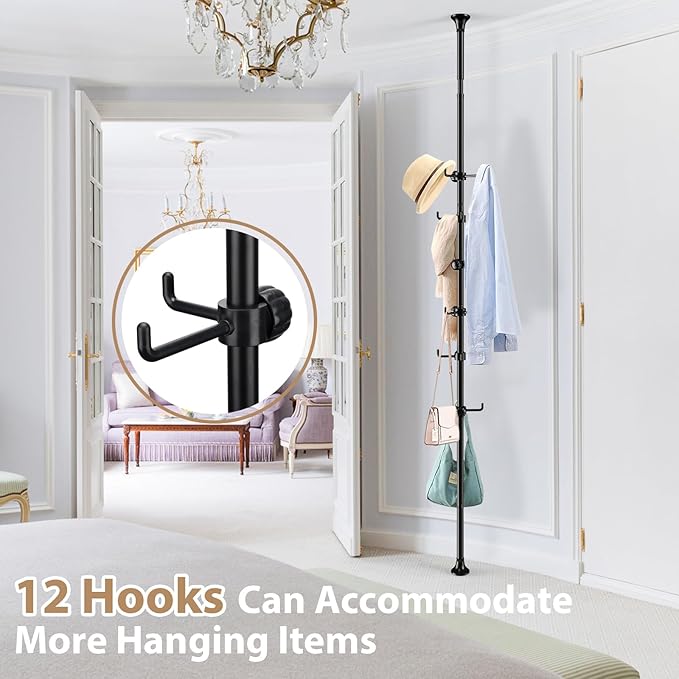 Coat Rack Freestanding, 56 to 125 inch Adjustable Tension Rod Hanger with 12 Hooks for Hanging Coat, plant,Jacket, Hat, Scarf, Suitable for Living Room, Balcony, Kitchen Black