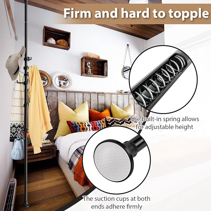 Coat Rack Freestanding, 56 to 125 inch Adjustable Tension Rod Hanger with 12 Hooks for Hanging Coat, plant,Jacket, Hat, Scarf, Suitable for Living Room, Balcony, Kitchen Black