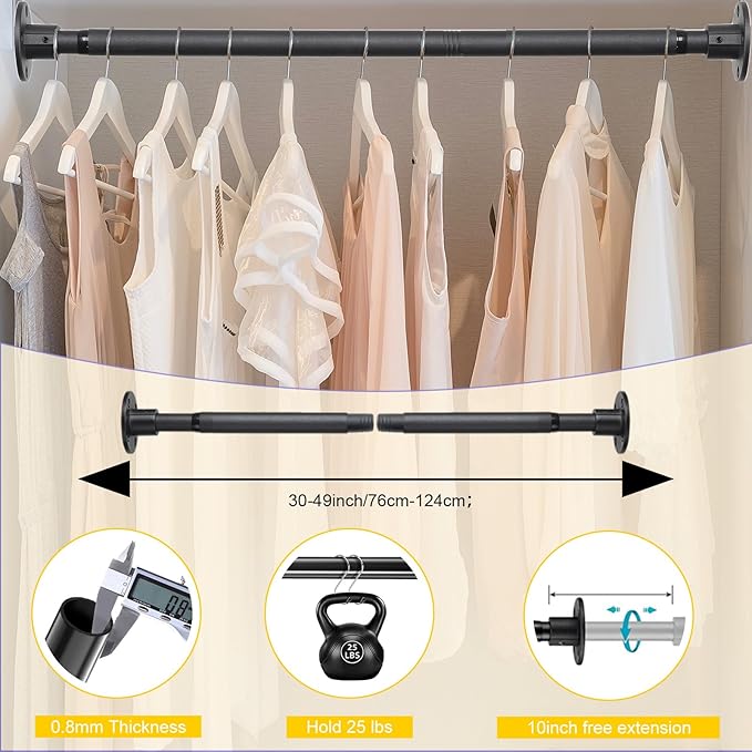 Closet Rod, 30 to 49 inch Adjustable Closet Rods for Hanging Clothes, Heavy Duty Closet Hanging Rod, Black Closet Hanger Poles, Metal Closet Hanging Bar for Wardrobes Laundry, Drilling Installation