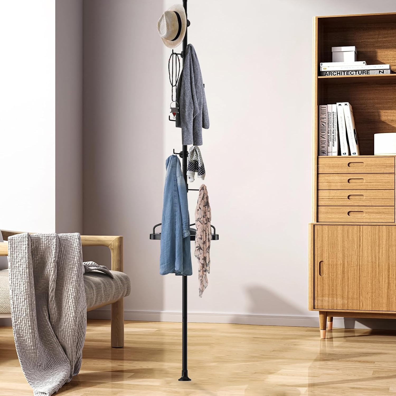 Coat Rack, Telescopic Free-Standing Clothes rack for Hanging Clothes, 70" - 125" Adjustable Floor to Ceiling Heavy Duty Garment clothing Rack, for Clothes Coats Easy to Assemble Black