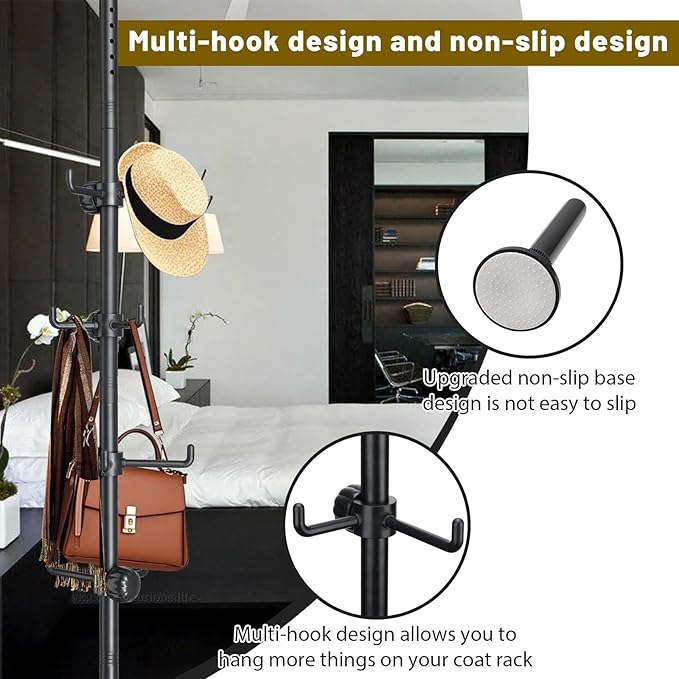 Coat Rack Freestanding,Adjustable 56-125 inch Tension Rod Coat Tree 12 Hooks Hanger Stand for Coat Hat Bedroom Livingroom Kitchen Bathroom Apartment Entryway Hall Office Black