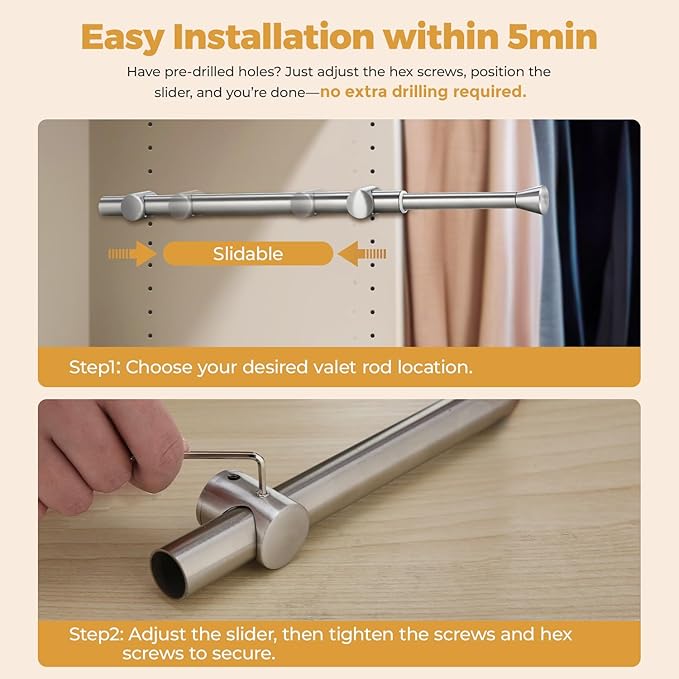 12" Pull-Out Valet Rod for Closet Organization, Add Extra Hanging Space 304 Stainless Steel Closet Rods, Silver Chrome Finish, Space-Saving Design for Small Closets
