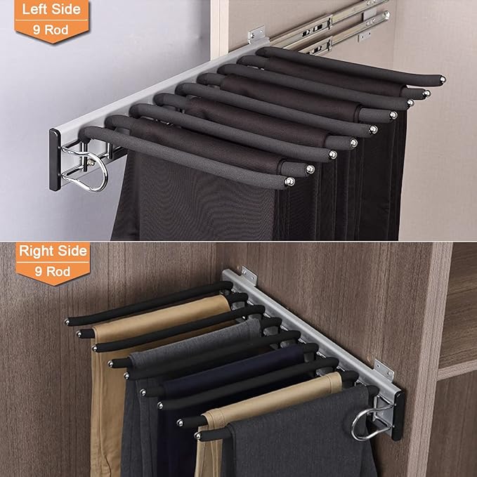 Pull Out Trousers Rack 9 Arms Retractable Closet Pants Hanger Side Mounted Space Saving Trouser Hanger Rack, Right Side Installation, Black