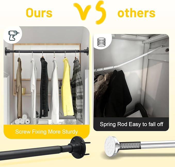 Closet Rod, 30 to 49 inch Adjustable Closet Rods for Hanging Clothes, Heavy Duty Closet Hanging Rod, Black Closet Hanger Poles, Metal Closet Hanging Bar for Wardrobes Laundry, Drilling Installation