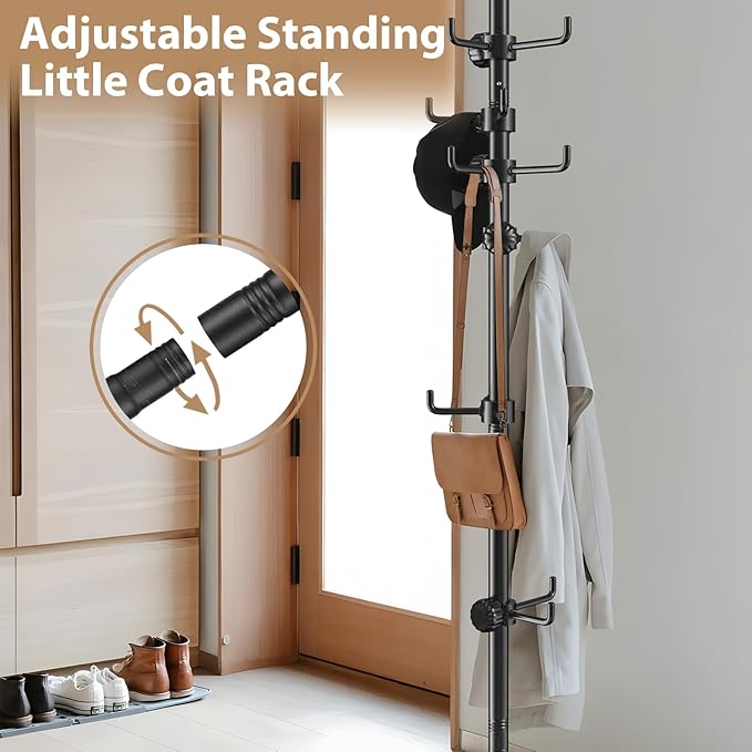 Coat Rack Freestanding, 56 to 125 inch Adjustable Tension Rod Hanger with 12 Hooks for Hanging Coat, plant,Jacket, Hat, Scarf, Suitable for Living Room, Balcony, Kitchen Black