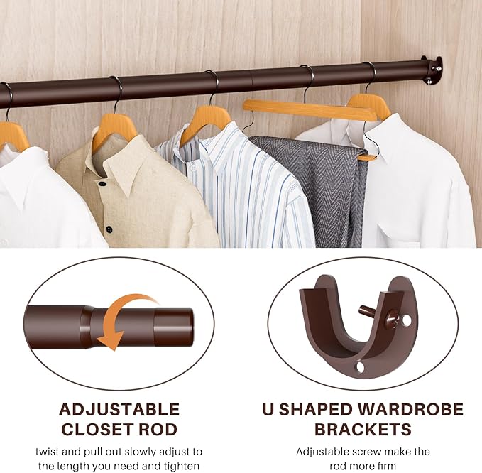 Closet Rod - Closet Rods for Hanging Clothes, 17 to 82 inch Adjustable Closet Hanging Rod, Heavy Duty Clothes Rod Clothing Bar, Closet Poles for Hanging Clothes for Wardrobes, Shower Curtain