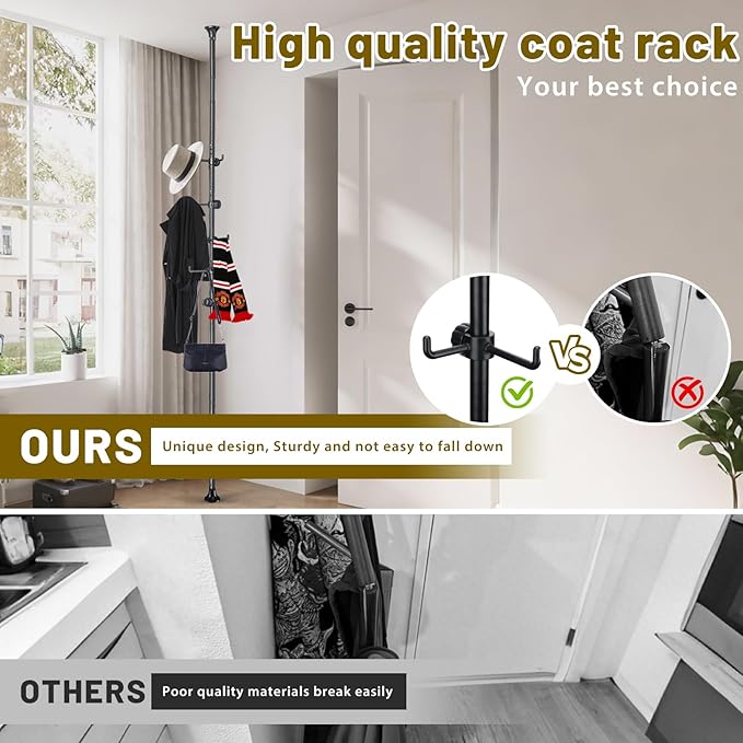 Coat Rack Freestanding,Adjustable 56-125 inch Tension Rod Coat Tree 12 Hooks Hanger Stand for Coat Hat Bedroom Livingroom Kitchen Bathroom Apartment Entryway Hall Office Black
