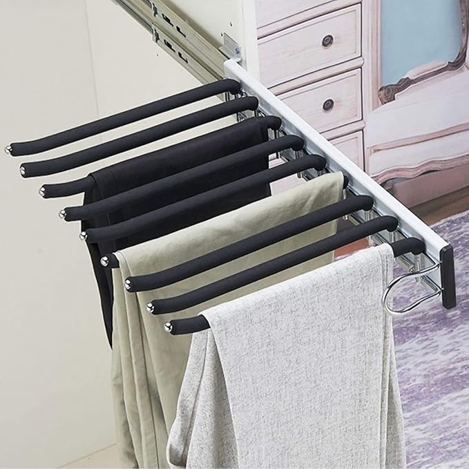 Pull Out Trousers Rack 9 Arms Retractable Closet Pants Hanger Side Mounted Space Saving Trouser Hanger Rack, Right Side Installation, Black
