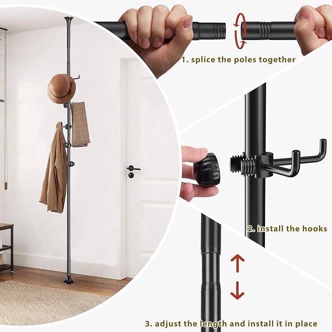 Coat Rack Freestanding,Adjustable 56-125 inch Tension Rod Coat Tree 12 Hooks Hanger Stand for Coat Hat Bedroom Livingroom Kitchen Bathroom Apartment Entryway Hall Office Black