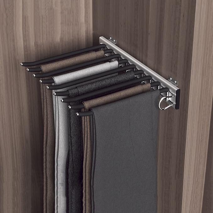 Pull Out Trousers Rack 9 Arms Retractable Closet Pants Hanger Side Mounted Space Saving Trouser Hanger Rack, Right Side Installation, Black