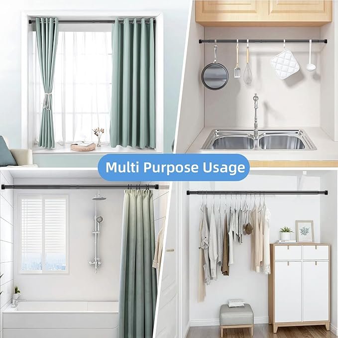 Closet Rod for Hanging Clothes, 30-92 Inch Adjustable Shower Curtain Rod Heavy Duty Wall Mount Clothes Hanging Bar for Closet, Wardrobes, Bathroom, RV, Window, Laundry, Room Divider, Black