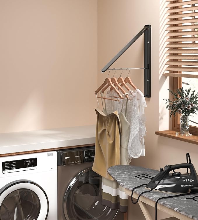 Clothes Drying Rack Wall Mounted, Retractable & Foldable Clothes Hanger for Laundry Room Organization and Storage, Clothes Hanger Rack for Dorm, Closet, Balcony, Laundry Room(1P, Metal, Black)