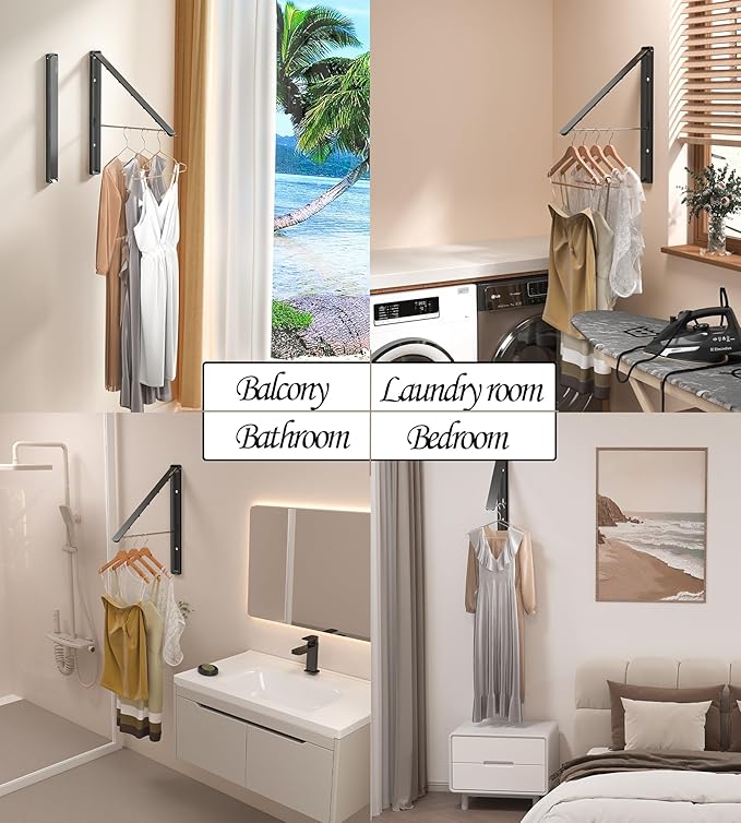 Clothes Drying Rack Wall Mounted, Retractable & Foldable Clothes Hanger for Laundry Room Organization and Storage, Clothes Hanger Rack for Dorm, Closet, Balcony, Laundry Room(1P, Metal, Black)
